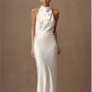Meshki white ivory sheen long wedding engagement dress maxi halter cowl neck